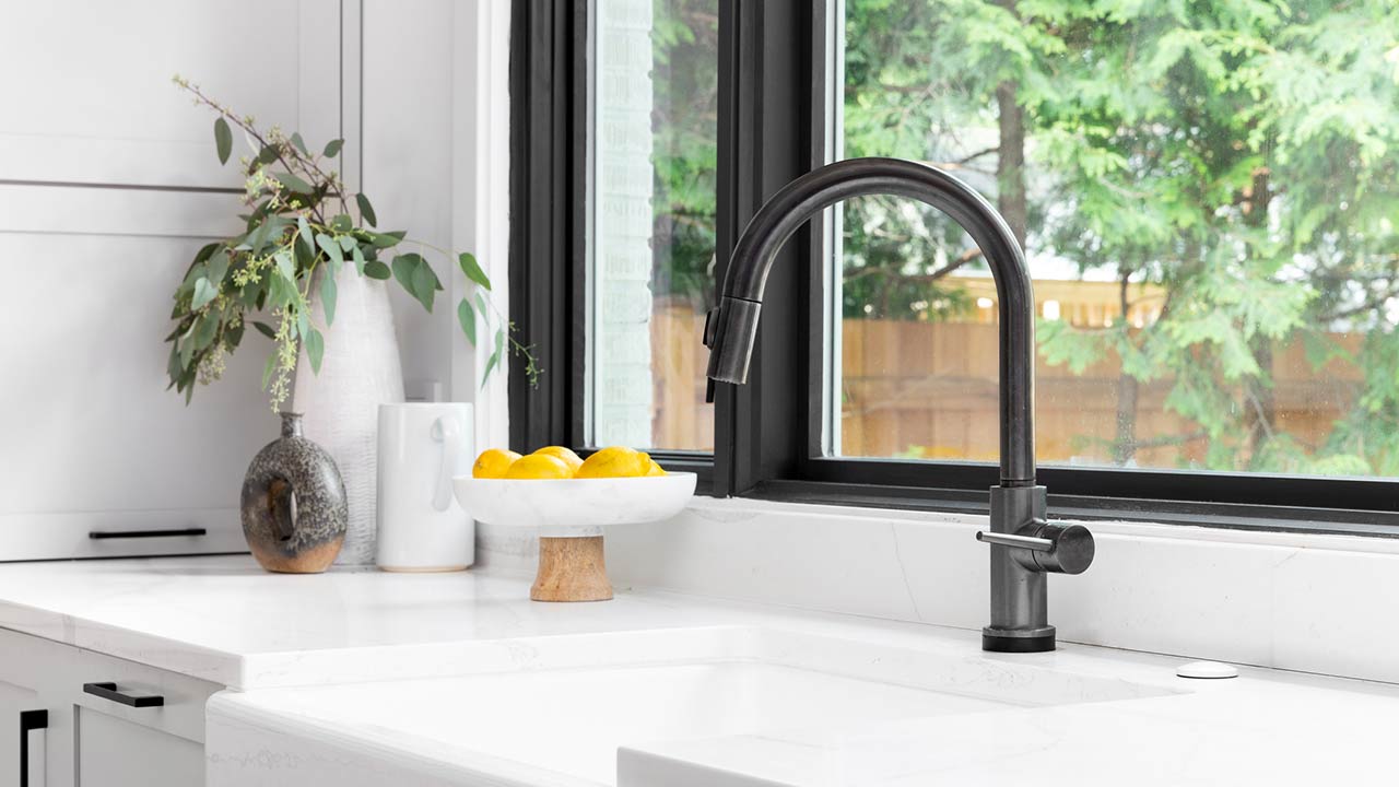 Kitchen sink detail shot in a modern, renovated kitchen with black window frames, a dark faucet, white cabinets, farmhouse sink, and cozy decor