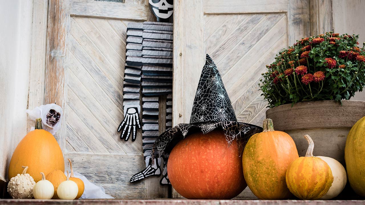 Halloween decorated front door with various size and shape pumpkins and skeletons