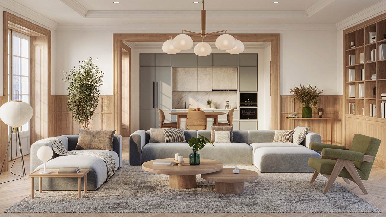 A stylish living room interior featuring modern designer furniture