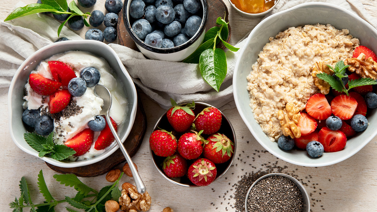 Healthy breakfast overhead view stock photo