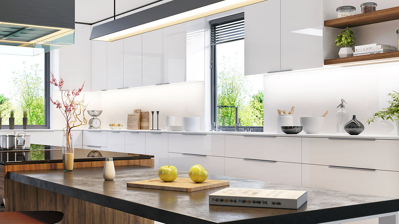 Luxurious interior of modern white kitchen stock photo